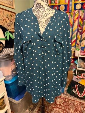 Women’s Teal Polka Dot V-Neck Blouse with Front Pockets